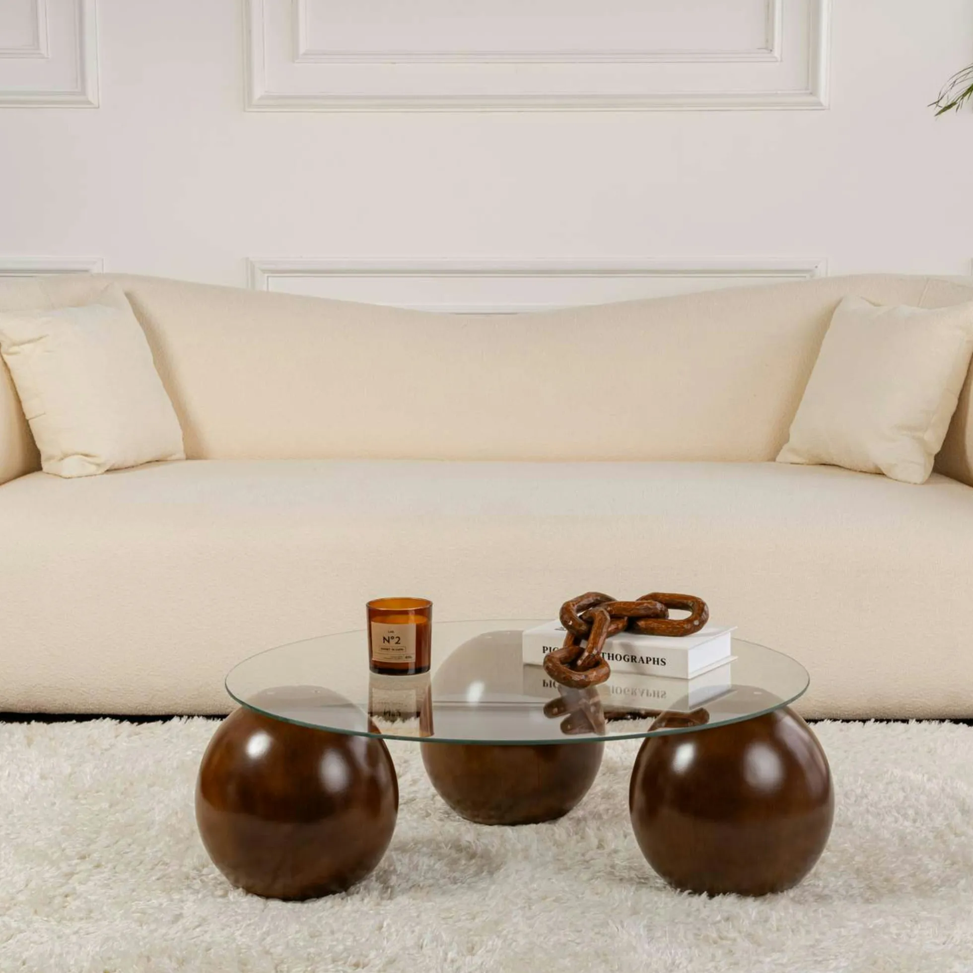 Table basse ronde en verre 3 pieds boule KOCHI