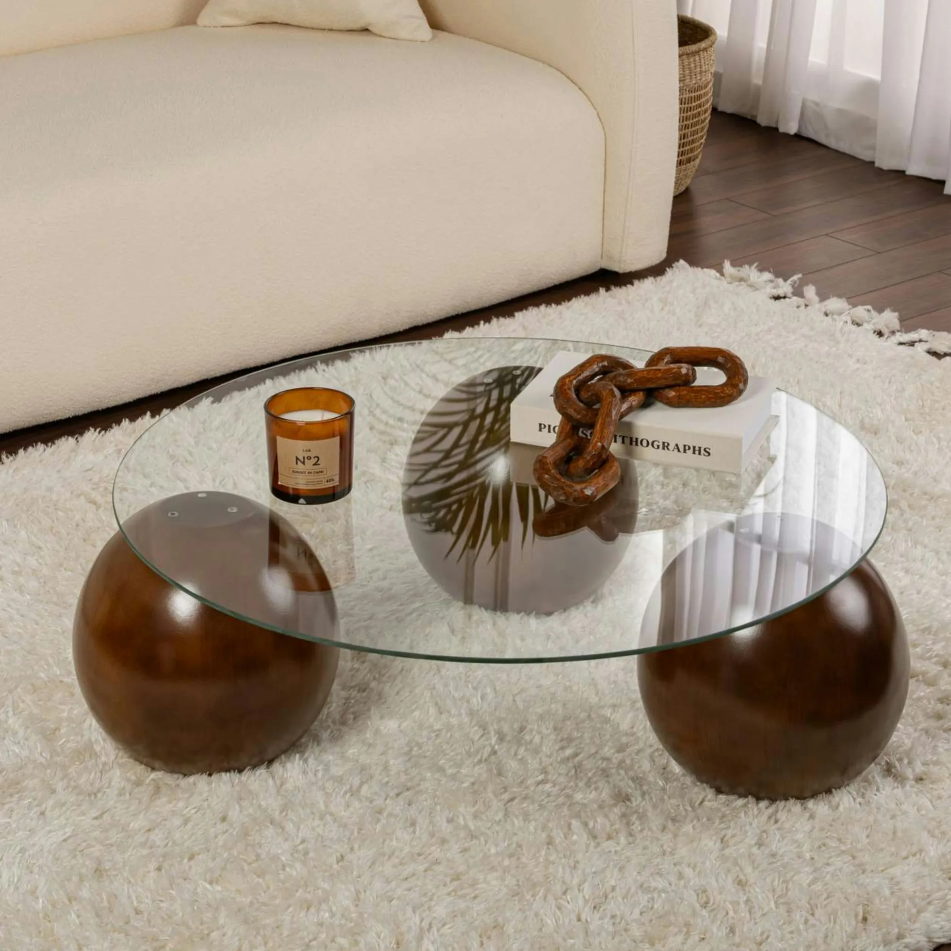 Table basse ronde en verre 3 pieds boule KOCHI