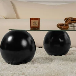 Table basse ronde en verre – 3 pieds boules noirs KOCHI