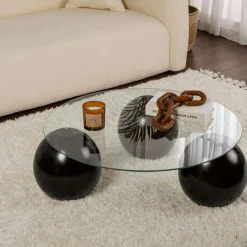Table basse ronde en verre – 3 pieds boules noirs KOCHI