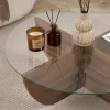 Table basse ronde en verre pied croisé effet noyer SALTA