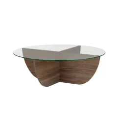 Table basse ronde en verre pied croisé effet noyer SALTA