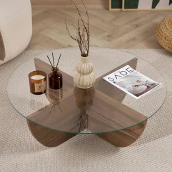 Table basse ronde en verre pied croisé effet noyer SALTA
