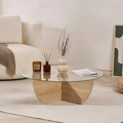Table basse ronde en verre pied croisé effet bois SALTA