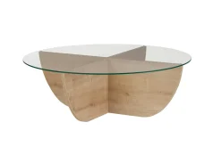 Table basse ronde en verre pied croisé effet bois SALTA