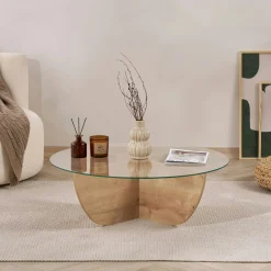 Table basse ronde en verre pied croisé effet bois SALTA