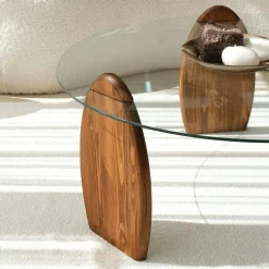 Table basse ronde en verre - 3 pieds bois brun ANZIO