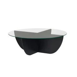 Table basse ronde en verre pied croisé effet bois noir SALTA