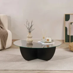 Table basse ronde en verre pied croisé effet bois noir SALTA