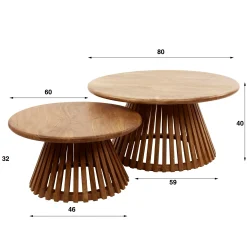 Table basse ronde gigogne motif baguette en bois de manguier (lot de 2) DELHI