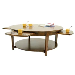 Table basse ronde Hévéa double plateaux, avec 4 tiroirs coulissants D110xH45cm MAORI