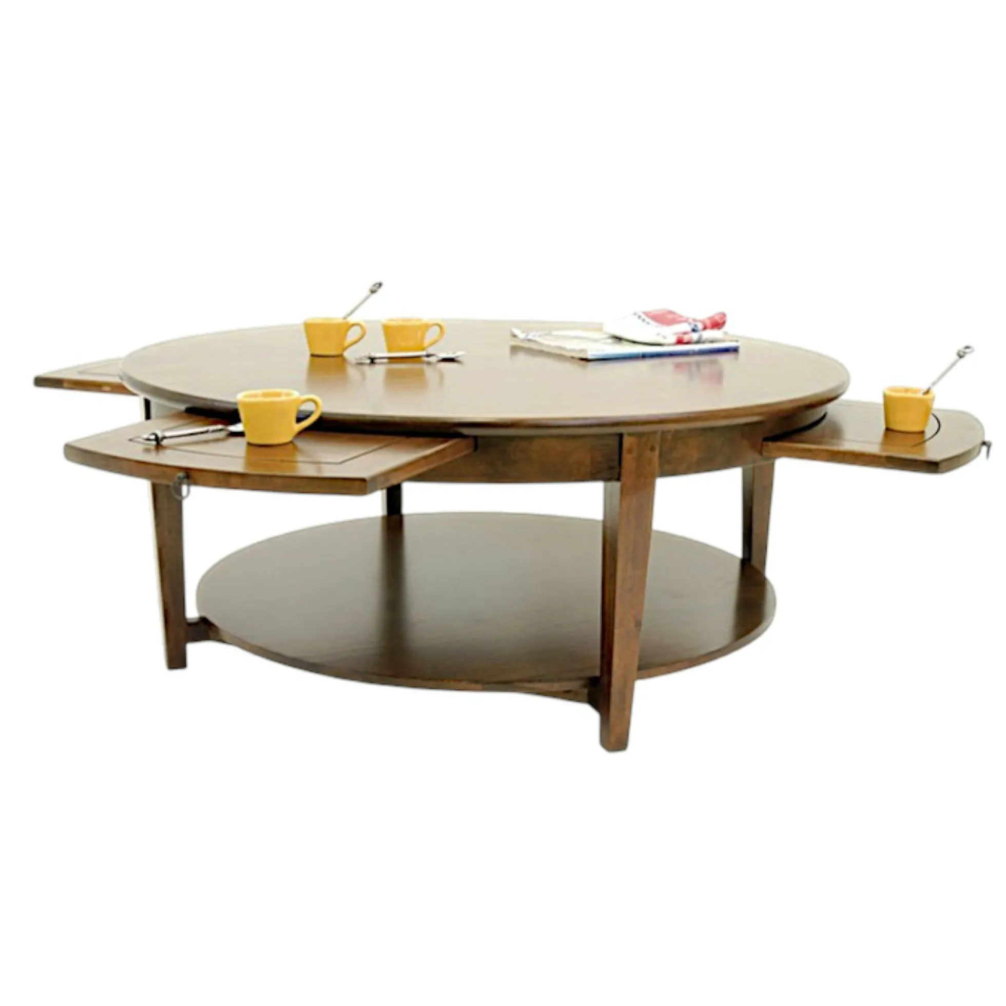 Table basse ronde Hévéa double plateaux, avec 4 tiroirs coulissants D110xH45cm MAORI