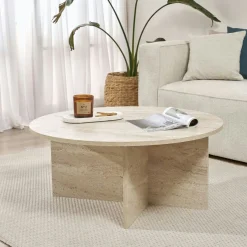 Table basse ronde minimaliste - effet travertin MARFA