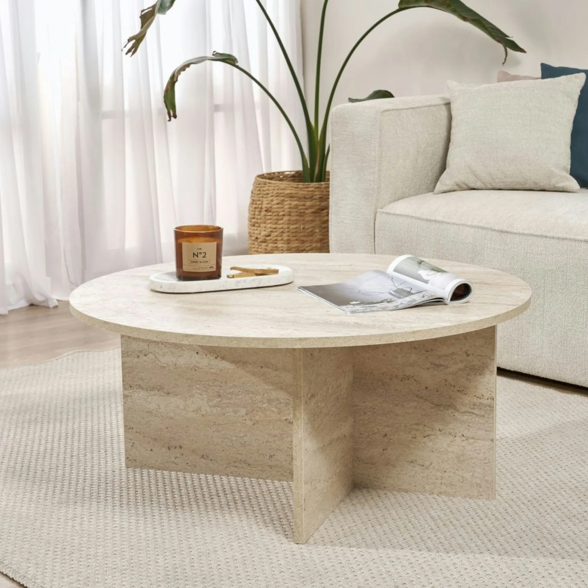 Table basse ronde minimaliste - effet travertin MARFA