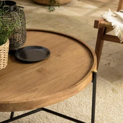 Table basse ronde plateau teck recyclé avec rebord 76,5 cm SWING