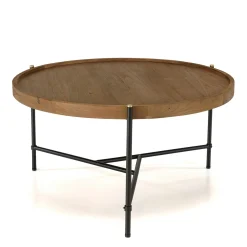 Table basse ronde plateau teck recyclé avec rebord 76,5 cm SWING