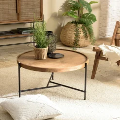 Table basse ronde plateau teck recyclé avec rebord 76,5 cm SWING