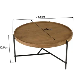 Table basse ronde plateau teck recyclé avec rebord 76,5 cm SWING