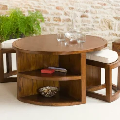 Table basse ronde 2 tabourets avec coussins D90cm LOLA
