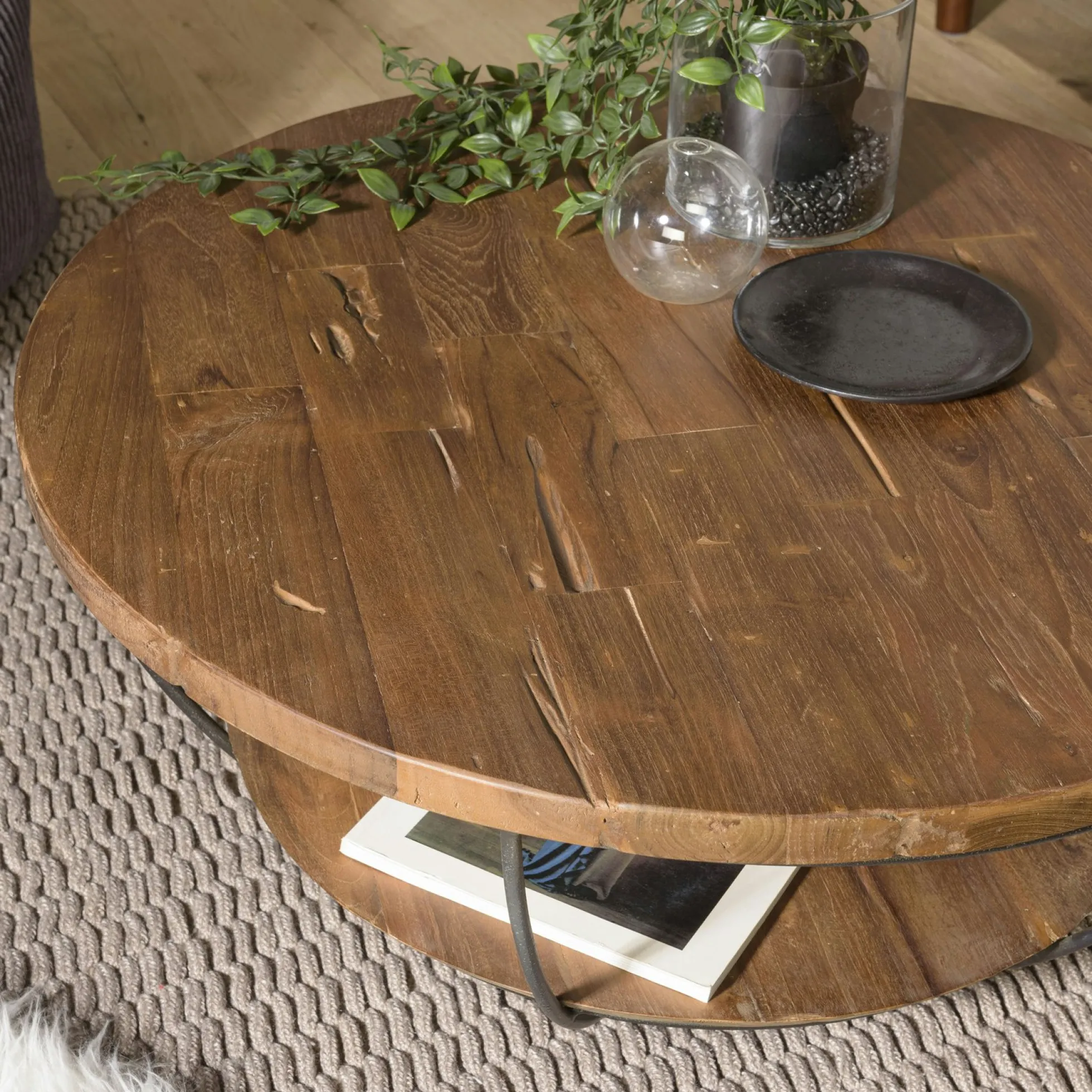 Table basse ronde teck recyclé et métal double plateau D80cm SWING