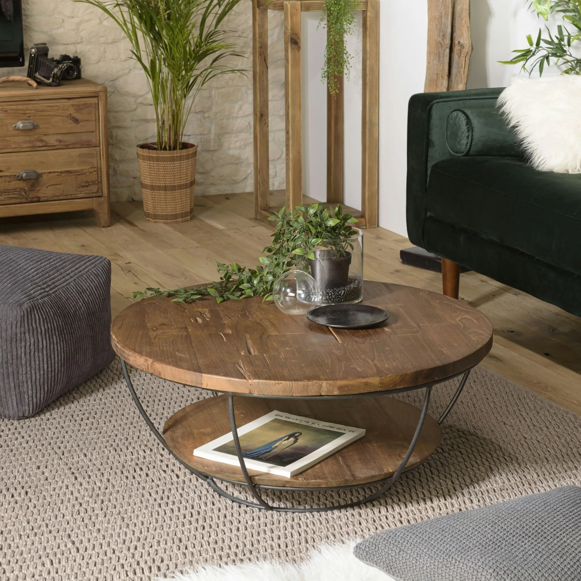 Table basse ronde teck recyclé et métal double plateau D80cm SWING