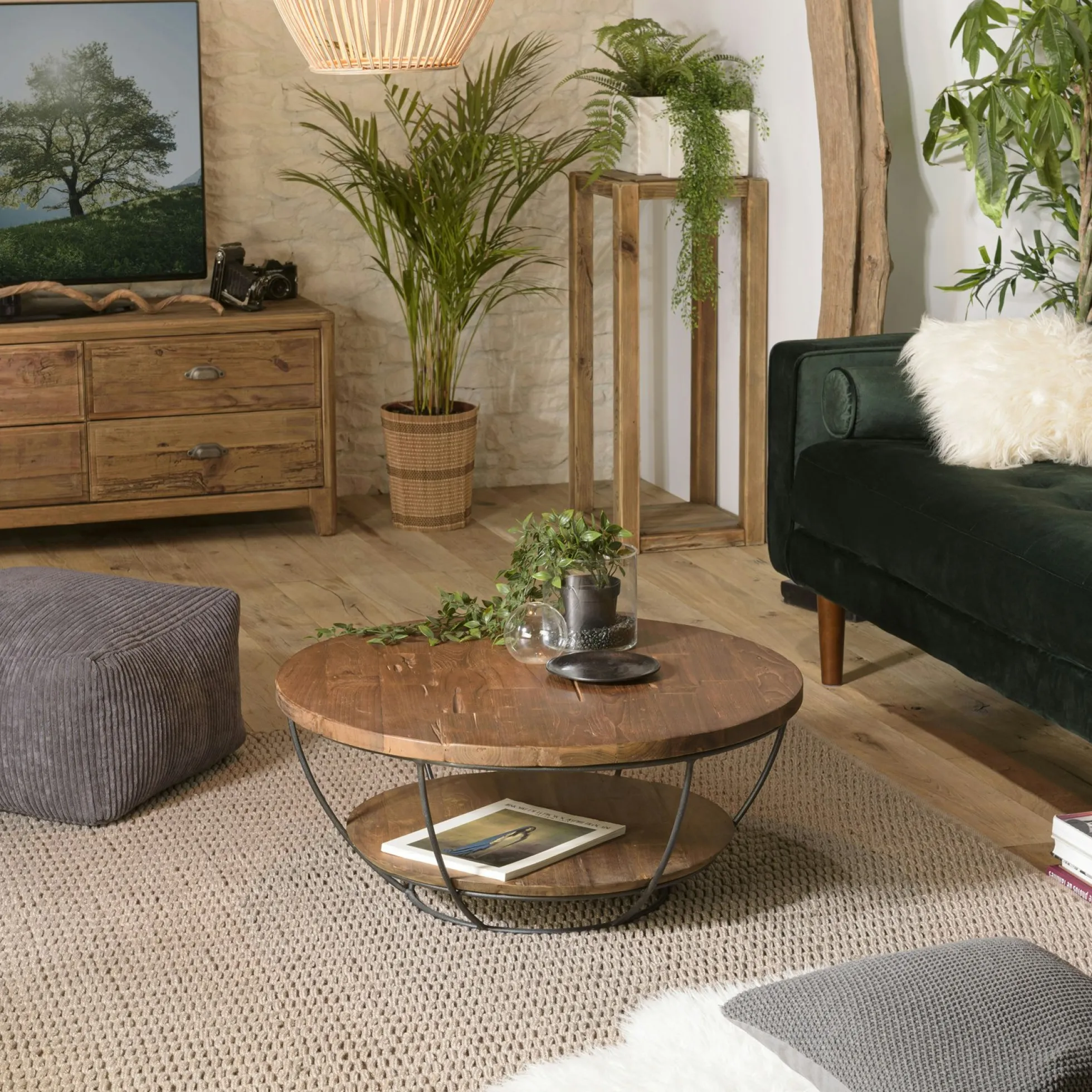 Table basse ronde teck recyclé et métal double plateau D80cm SWING