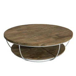 Table basse ronde teck recyclé structure filaire blanche 2 plateaux SWING