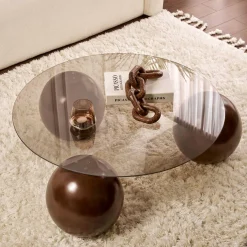 Table basse ronde verre ambré 3 pieds boule KOCHI