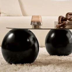 Table basse ronde verre ambré - 3 pieds boules noirs KOCHI
