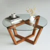 Table basse ronde verre et bois brun- pieds croisés ANZIO