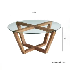 Table basse ronde verre et bois brun- pieds croisés ANZIO