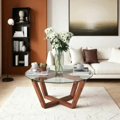 Table basse ronde verre et bois brun- pieds croisés ANZIO