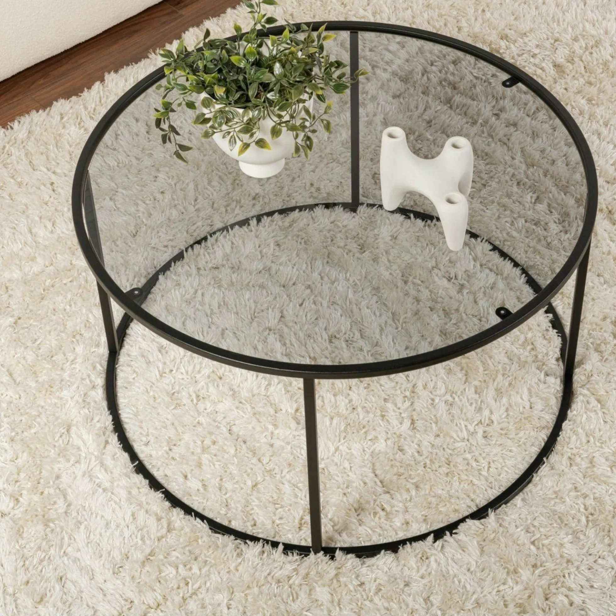 Table basse ronde verre fumé – cadre noir ⌀80 cm TULUM