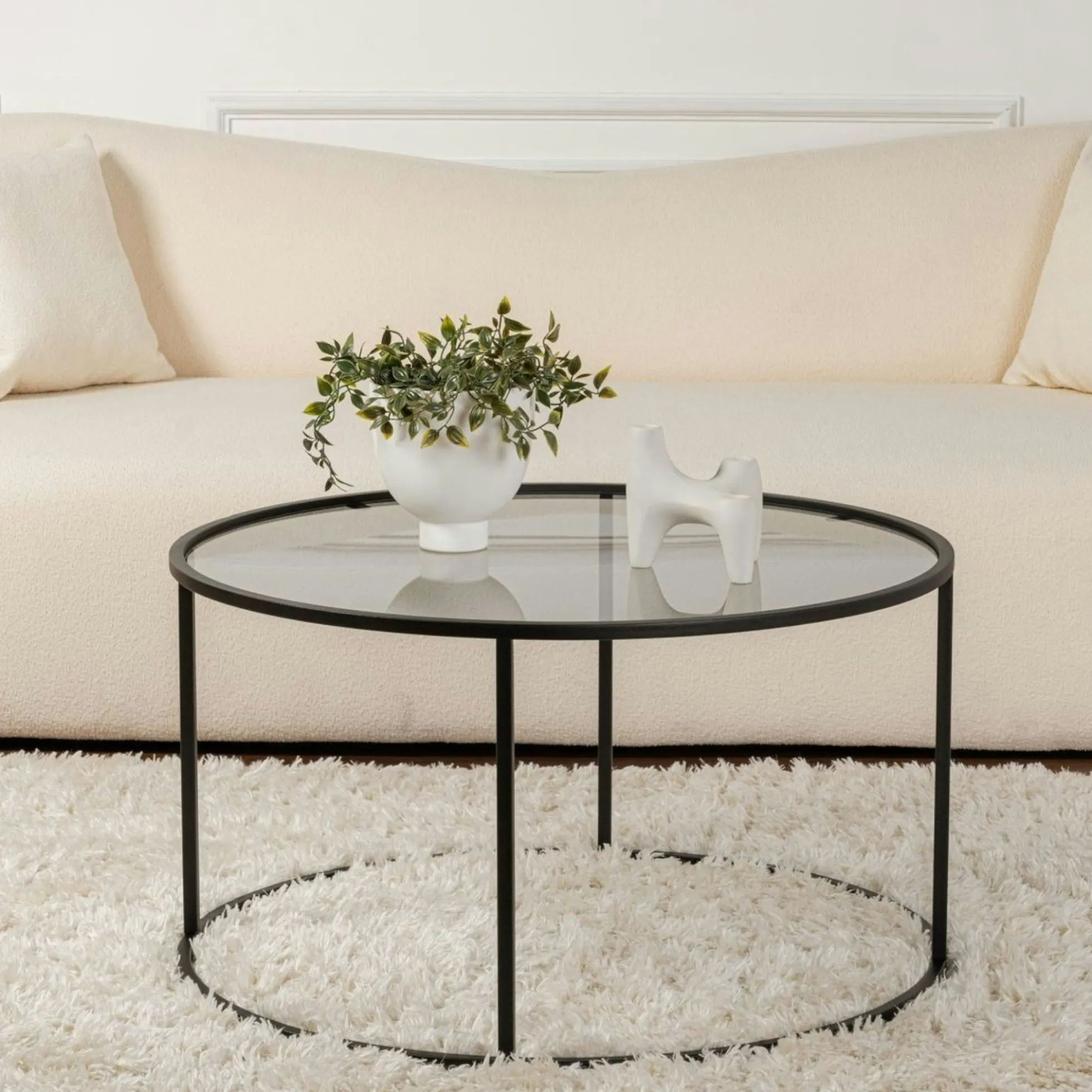 Table basse ronde verre fumé – cadre noir ⌀80 cm TULUM