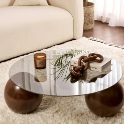 Table basse ronde verre fumé 3 pieds boule KOCHI