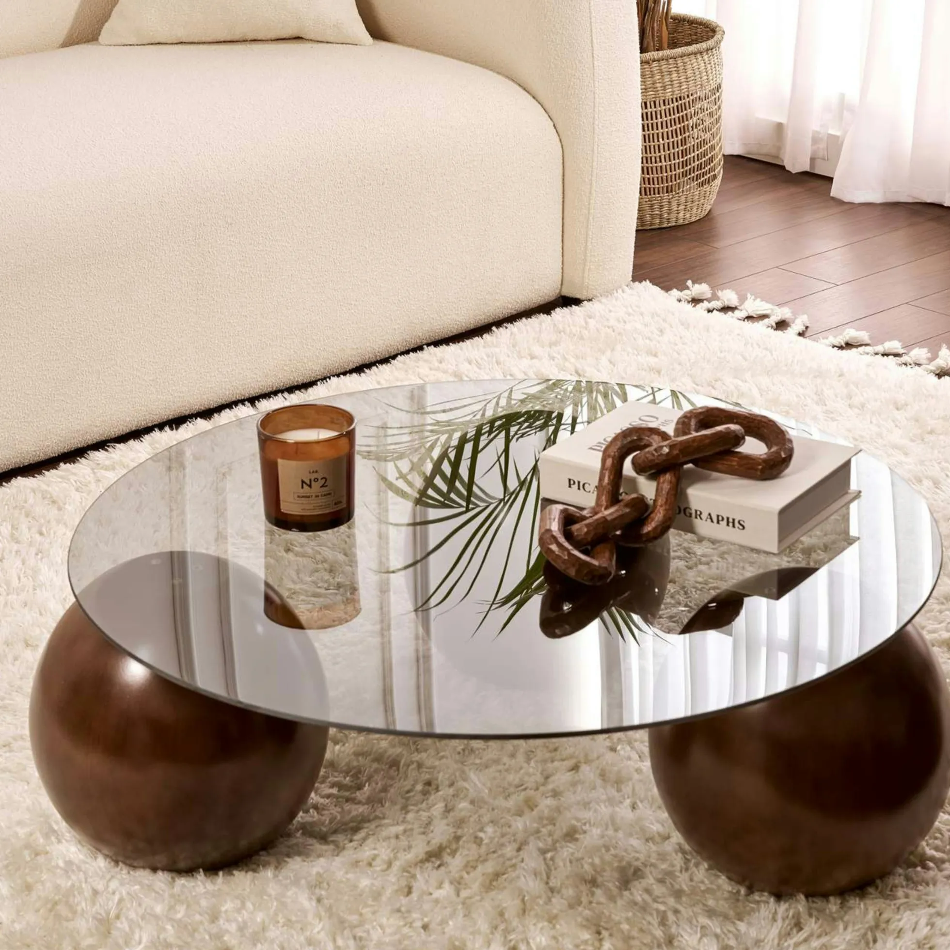 Table basse ronde verre fumé 3 pieds boule KOCHI