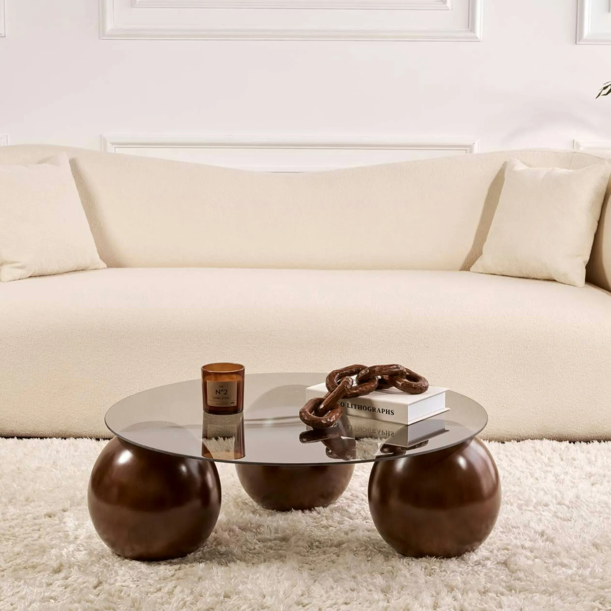 Table basse ronde verre fumé 3 pieds boule KOCHI