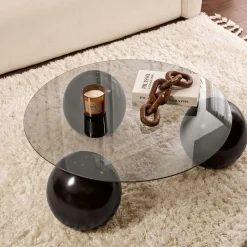 Table basse ronde verre fumé - 3 pieds boules noirs KOCHI