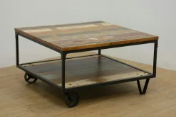 Table basse à roulettes double plateaux en Hévéa recyclé coloré et métal 90x90x47cm LOFT COLORS