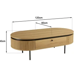 Table basse 2 tiroirs bords arrondis bois décor strié JINAN