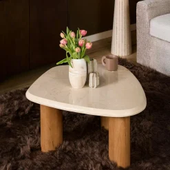 Table basse travertin bois design organique DUOMO