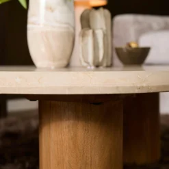 Table basse travertin bois design organique DUOMO