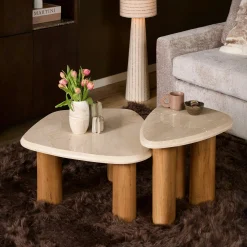 Table basse travertin bois design organique DUOMO