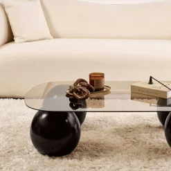 Table basse verre ambré bords arrondis - 4 pieds noirs KOCHI
