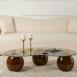 Table basse verre ambré design – 3 pieds boules marrons KOCHI