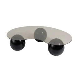 Table basse verre ambré design - 3 pieds boules noirs KOCHI