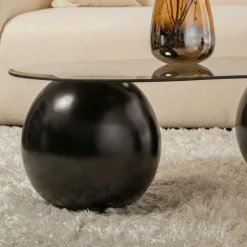 Table basse verre ambré design - 3 pieds boules noirs KOCHI