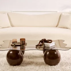 Table basse verre ambré design organique 4 pieds boule KOCHI