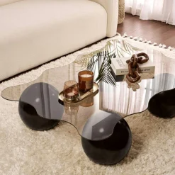 Table basse verre ambré profil ondulé - 4 pieds noirs KOCHI