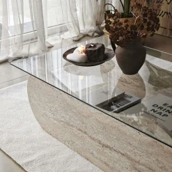 Table basse verre base luge effet travertin avec niche SALTA